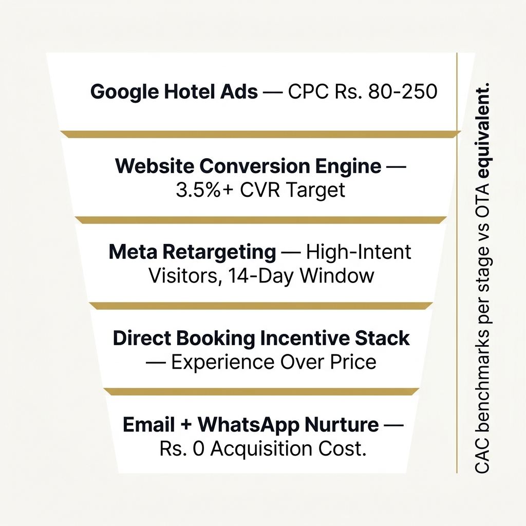 5-Pillar Direct Booking Engine Funnel Infographic - Hotel Direct Booking Engine | ThePieCraftMarketing