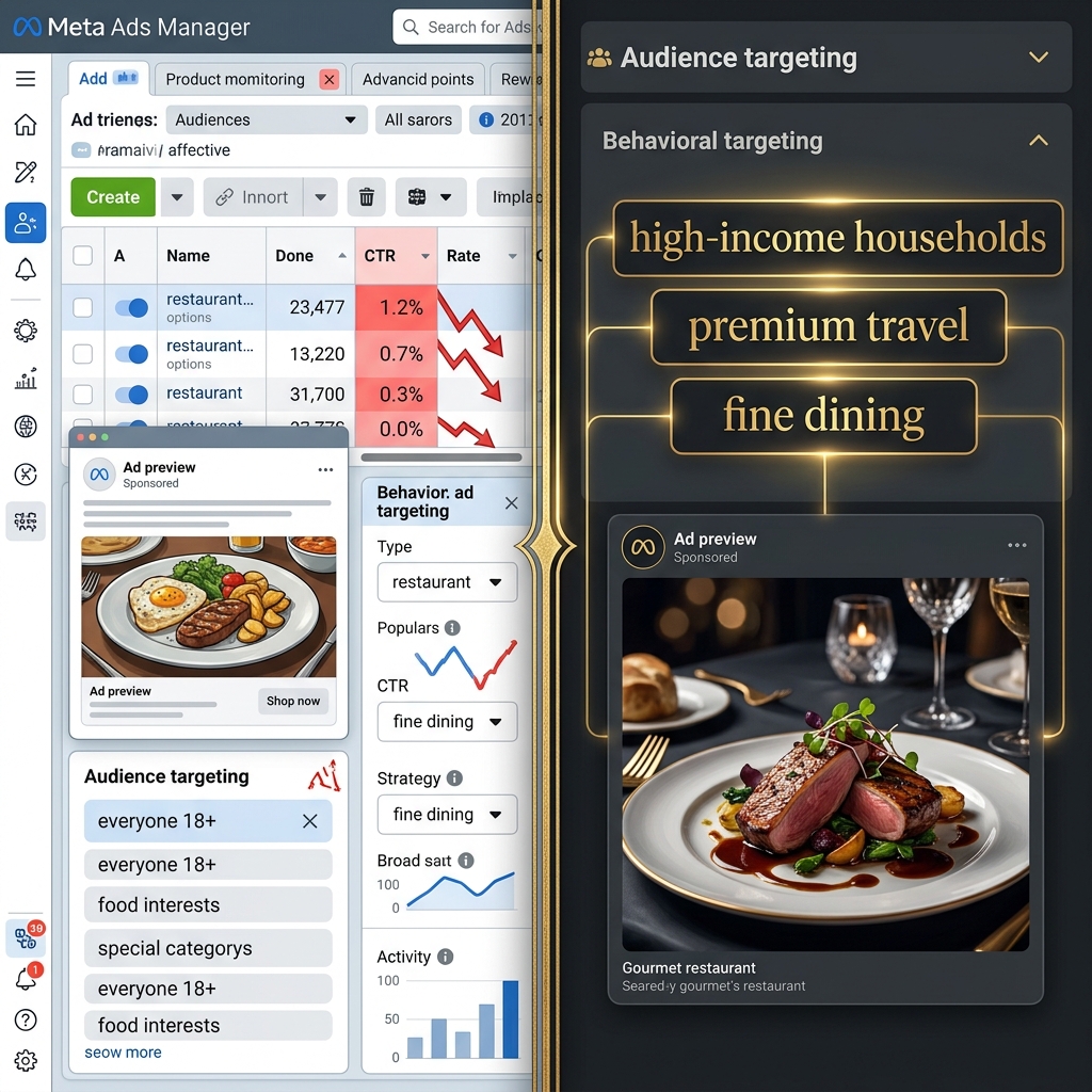Comparison of broad vs. precision Meta Ads targeting - Meta Ads for fine dining restaurants | ThePieCraftMarketing