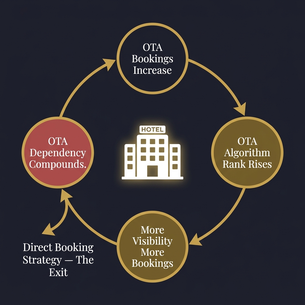 OTA Dependency Compounding Loop Infographic - Reduce OTA dependency hotel India | ThePieCraftMarketing
